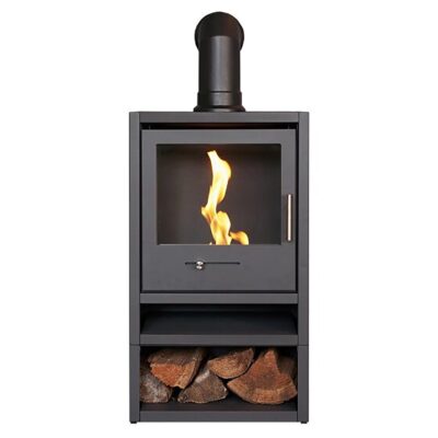 OKO S1 Grey with Log Store and Black Angled Stove Pipe 1
