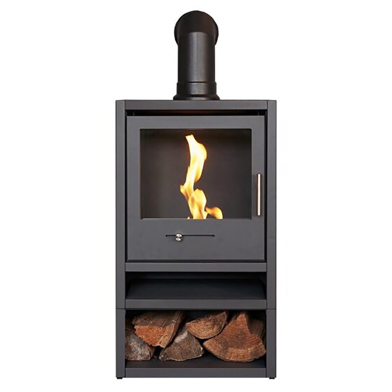OKO S1 Grey with Log Store and Black Angled Stove Pipe 1
