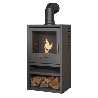 OKO S1 Grey with Log Store and Black Angled Stove Pipe 2