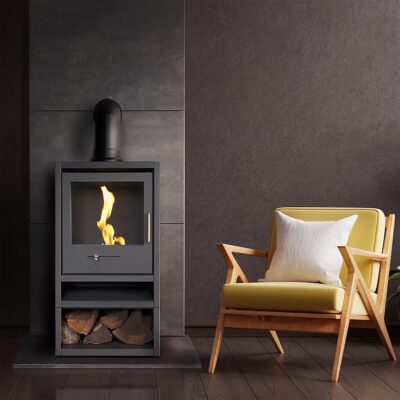OKO S1 Grey with Log Store and Black Angled Stove Pipe