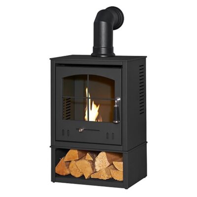 OKO S2 Grey with Log Store and Black Angled Stove Pipe 1