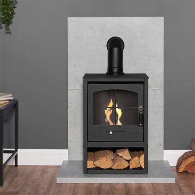 OKO S2 Grey with Log Store and Black Angled Stove Pipe 2