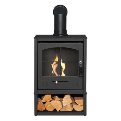 OKO S2 Grey with Log Store and Black Angled Stove Pipe