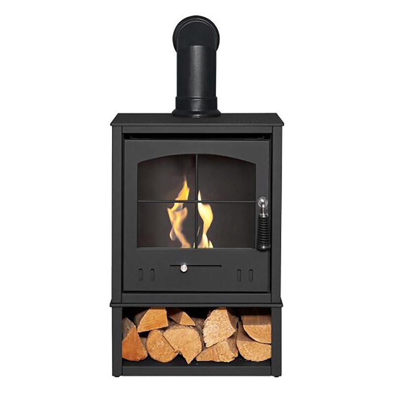 OKO S2 Grey with Log Store and Black Angled Stove Pipe