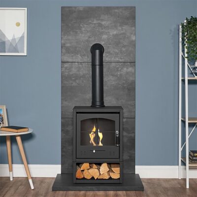 OKO S2 Grey with Log Store and Tall Black Angled Stove Pipe 1