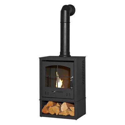 OKO S2 Grey with Log Store and Tall Black Angled Stove Pipe 2