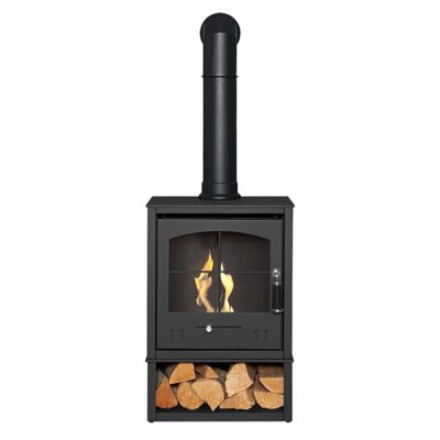 OKO S2 Grey with Log Store and Tall Black Angled Stove Pipe