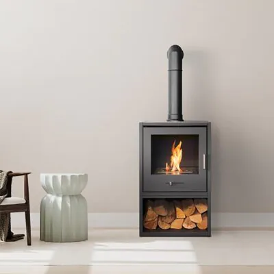 OKO S3 Grey Log Store with Tall Black Angled Stove Pipe 1
