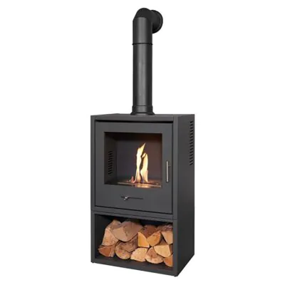 OKO S3 Grey Log Store with Tall Black Angled Stove Pipe 2