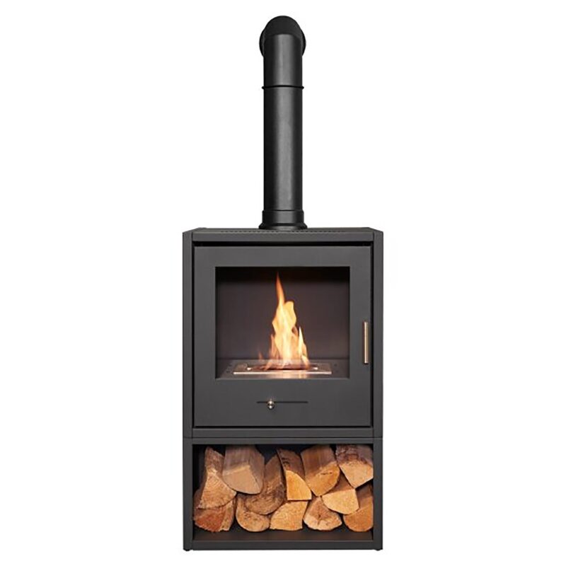 OKO S3 Grey Log Store with Tall Black Angled Stove Pipe
