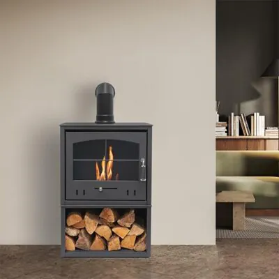 OKO S4 Grey Log Store with Black Angled Stove Pipe 1