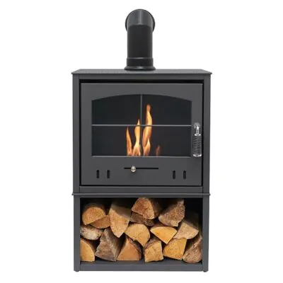 OKO S4 Grey Log Store with Black Angled Stove Pipe