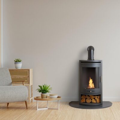 OKO S5 Grey with Angled Stove Pipe and Hearth