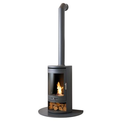 OKO S5 Grey with Tall Angled Stove Pipe and Hearth