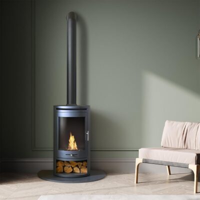 OKO S5 Grey with Tall Angled Stove Pipe and Hearth