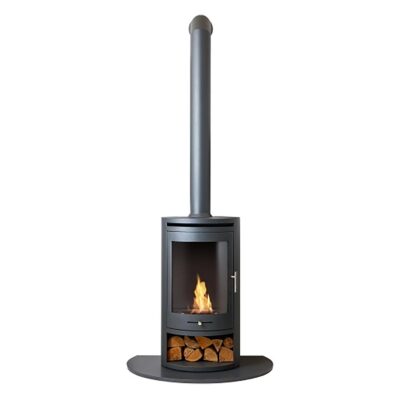 OKO S5 Grey with Tall Angled Stove Pipe and Hearth