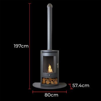 OKO S5 Grey with Tall Angled Stove Pipe and Hearth Dimensions