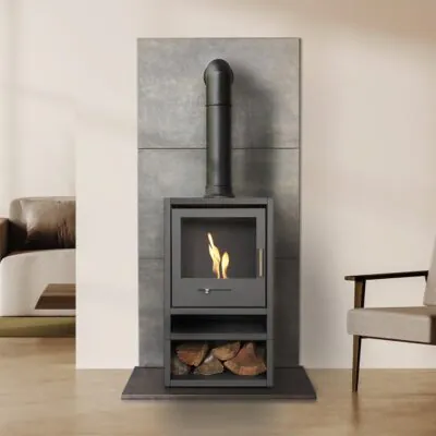 OKO S1 Grey with Log Store and Tall Black Angled Stove Pipe 1