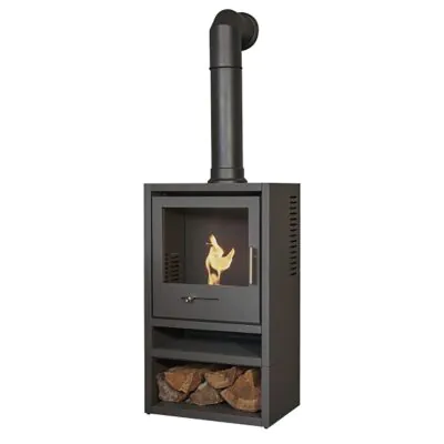 OKO S1 Grey with Log Store and Tall Black Angled Stove Pipe 2