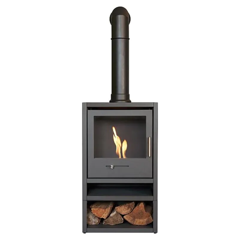 OKO S1 Grey with Log Store and Tall Black Angled Stove Pipe